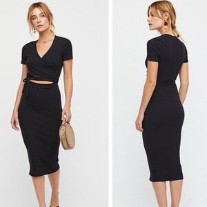 Free People Beach Vroom‎ Vroom Midi Wrap Dress Size XS Ribbed Black Bodycon